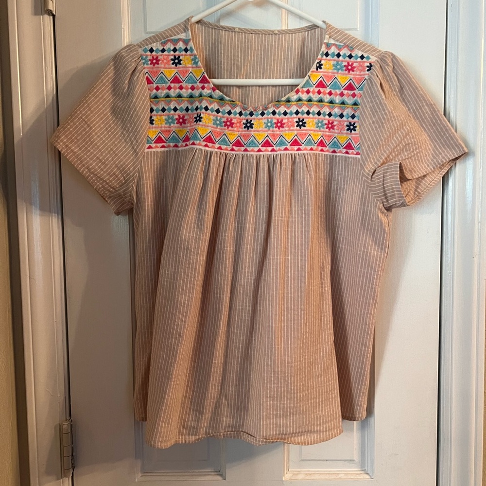 MOD boutique Tan and White striped embroidered blouse